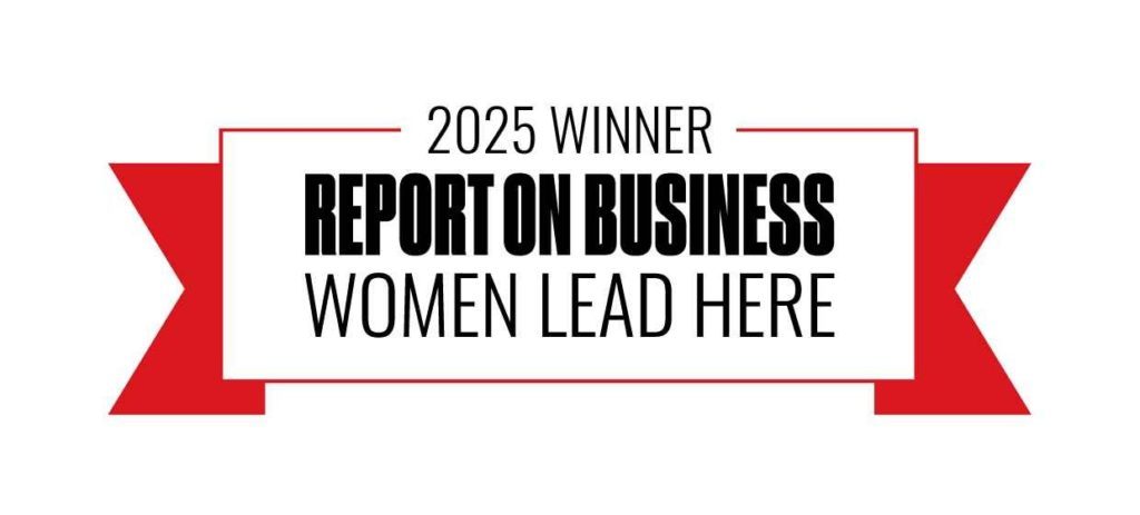A banner with the text "2025 Winner Report on Business Women Lead Here" in bold black and red on a white background.