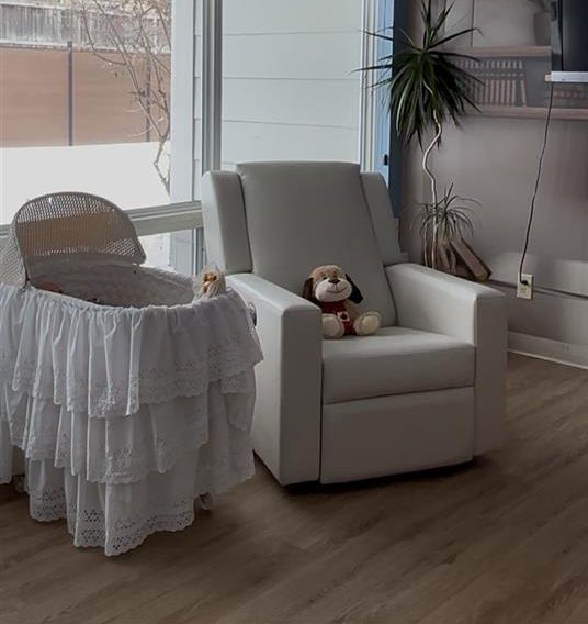 A white armchair with a stuffed monkey sits next to a white lace bassinet by a large window in a sunlit room with wood flooring.