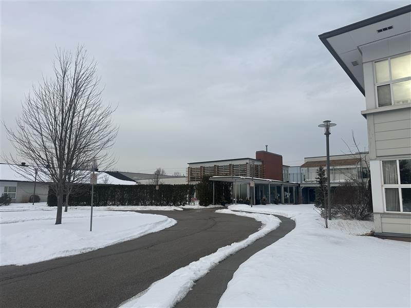 A snow-covered sidewalk winds past bare trees and modern buildings under a cloudy sky.