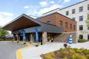 A modern hotel entrance with stone and wood exterior, blue flags, potted flowers, and a balloon sculpture by the door.