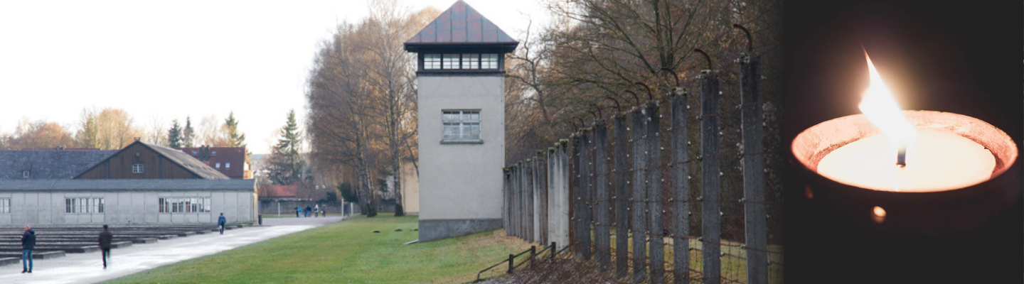A concentration camp watchtower and fence are shown on the left; a lit memorial candle appears on the right.
