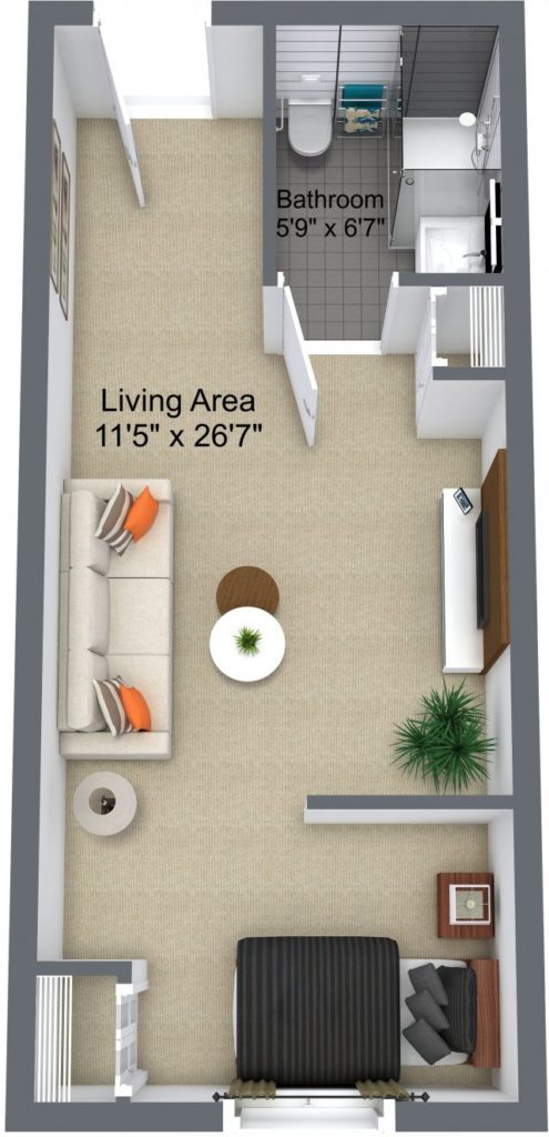 3D floor plan of a studio apartment with a living area, a bed, a sofa, a TV, a plant, and a bathroom labeled 5'9" x 6'7". Living area measures 11'5" x 26'7".