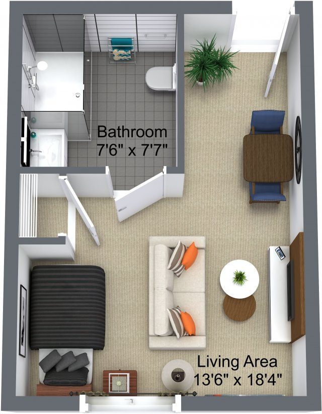 3D floor plan of a studio apartment showing a bathroom with shower, a bed, sofa, TV, dining table, and two chairs in an open living area. Dimensions are labeled.