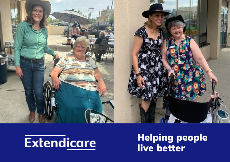 Two women smile with elderly residents in wheelchairs outside Extendicare Hillcrest. The image features the Extendicare logo and the phrase "Helping people live better," highlighting the caring community at this long term care home.