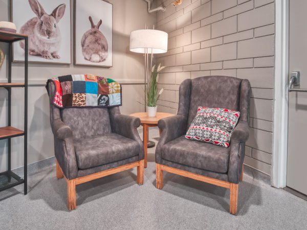 Two gray armchairs with wooden legs are placed side by side. One has a colorful quilt, the other a patterned pillow. A lamp and plant stand between them. Bunny art hangs on the wall.