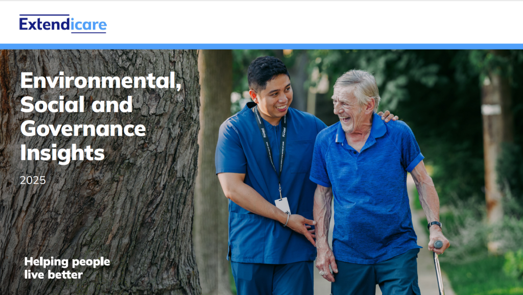 A caregiver in blue scrubs walks outdoors with an elderly man using a cane; text reads "Extendicare Environmental, Social and Governance Insights 2025".