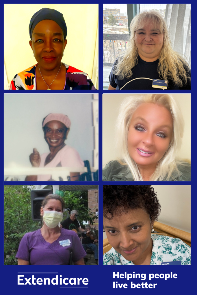 A collage of six Personal Support Workers (PSWs) smiling with the Extendicare logo and the slogan "Helping people live better" at the bottom.